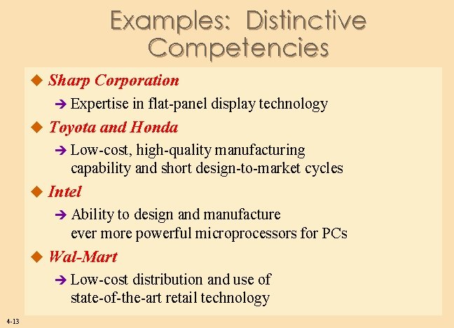 Examples: Distinctive Competencies u Sharp Corporation è Expertise in flat-panel display technology u Toyota