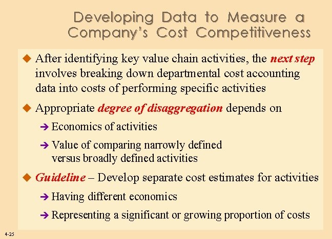 Developing Data to Measure a Company’s Cost Competitiveness u After identifying key value chain