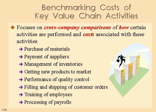 Benchmarking Costs of Key Value Chain Activities u Focuses on cross-company comparisons of how