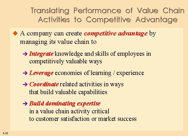 Translating Performance of Value Chain Activities to Competitive Advantage u A company can create