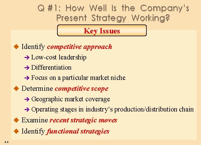 Q #1: How Well Is the Company’s Present Strategy Working? Key Issues u Identify