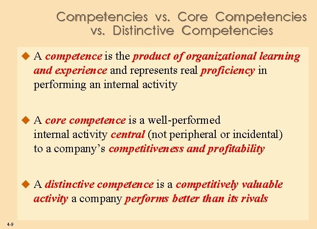 Competencies vs. Core Competencies vs. Distinctive Competencies u A competence is the product of