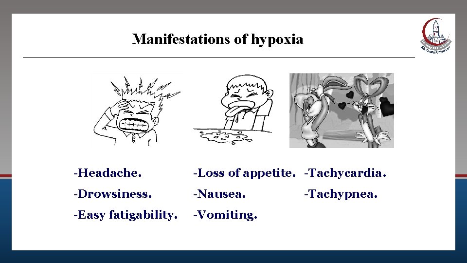 Manifestations of hypoxia -Headache. -Loss of appetite. -Tachycardia. -Drowsiness. -Nausea. -Easy fatigability. -Vomiting. -Tachypnea.