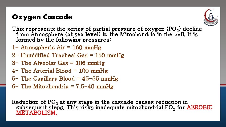 Oxygen Cascade This represents the series of partial pressure of oxygen (PO 2) decline