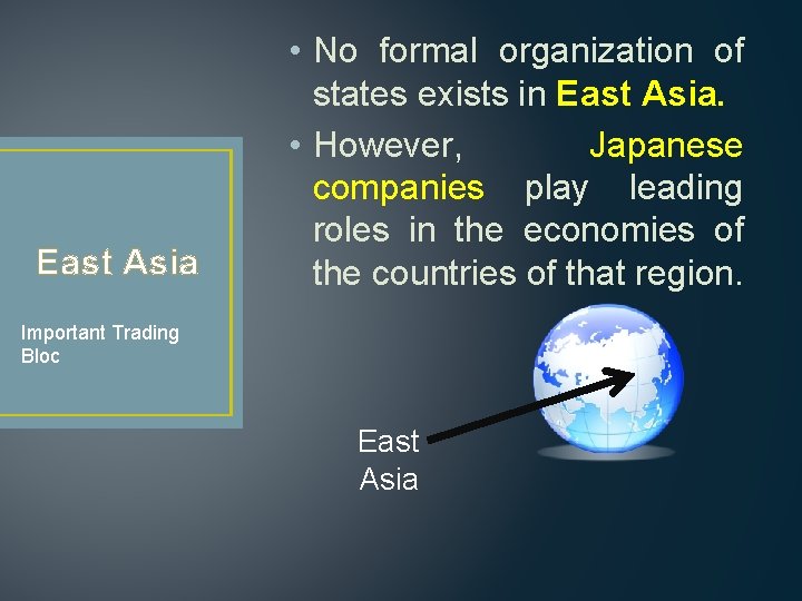 East Asia • No formal organization of states exists in East Asia. • However,