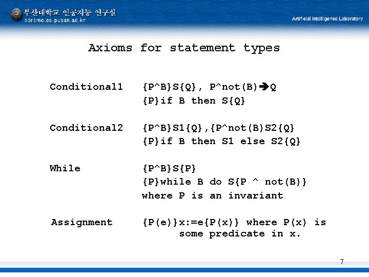 Axioms for statement types Conditional 1 {P^B}S{Q}, P^not(B) Q {P}if B then S{Q} Conditional