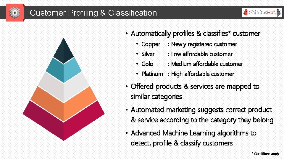 Customer Profiling & Classification • Automatically profiles & classifies* customer • Copper : Newly