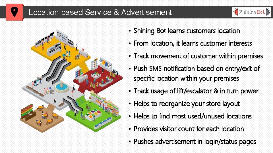 Location based Service & Advertisement • Shining Bot learns customers location • From location,