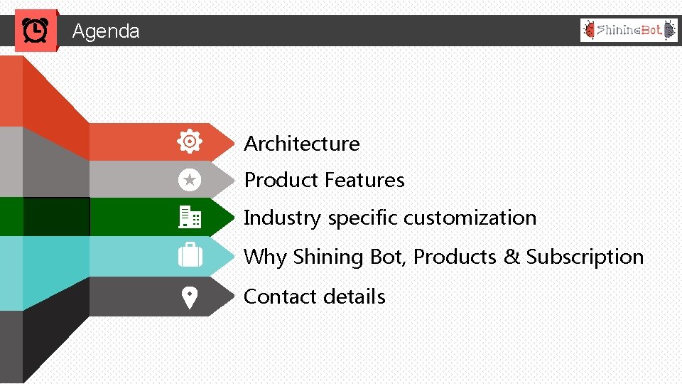 Agenda Architecture Product Features Industry specific customization Why Shining Bot, Products & Subscription Contact
