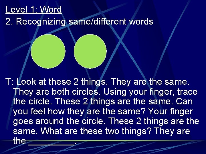 Level 1: Word 2. Recognizing same/different words T: Look at these 2 things. They