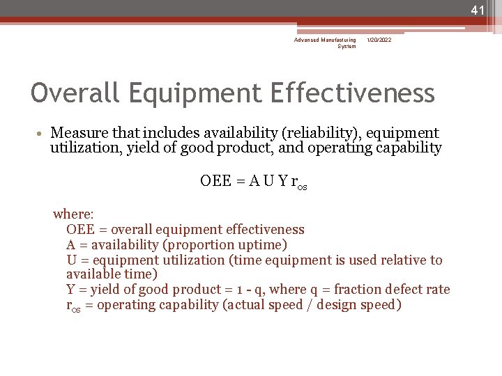 41 Advanced Manufacturing System 1/20/2022 Overall Equipment Effectiveness • Measure that includes availability (reliability),