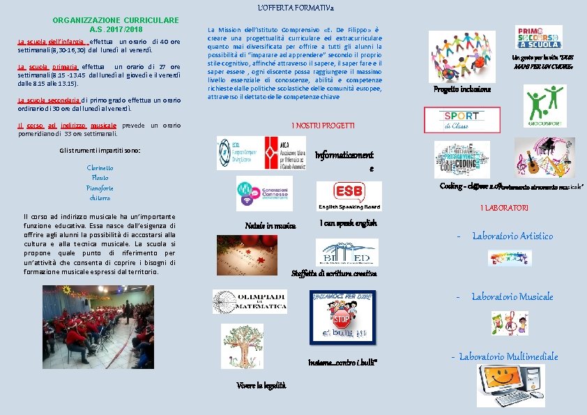 L’OFFERTA FORMATIVa ORGANIZZAZIONE CURRICULARE A. S. 2017/2018 La scuola dell’infanzia effettua un orario di