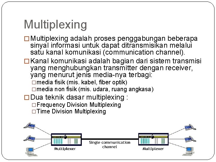 Multiplexing � Multiplexing adalah proses penggabungan beberapa sinyal informasi untuk dapat ditransmisikan melalui satu