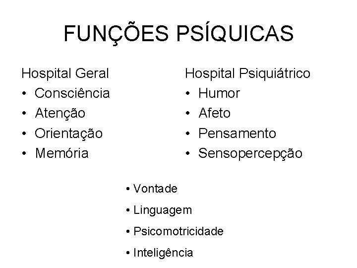 FUNÇÕES PSÍQUICAS Hospital Geral • Consciência • Atenção • Orientação • Memória Hospital Psiquiátrico