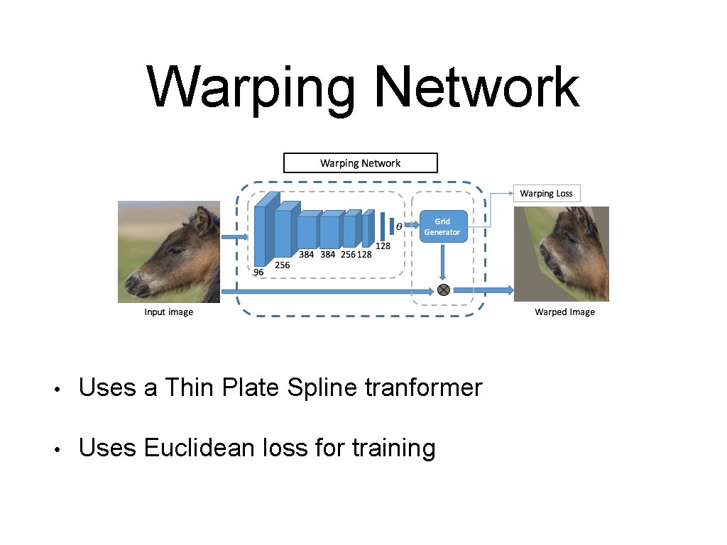 Warping Network • Uses a Thin Plate Spline tranformer • Uses Euclidean loss for