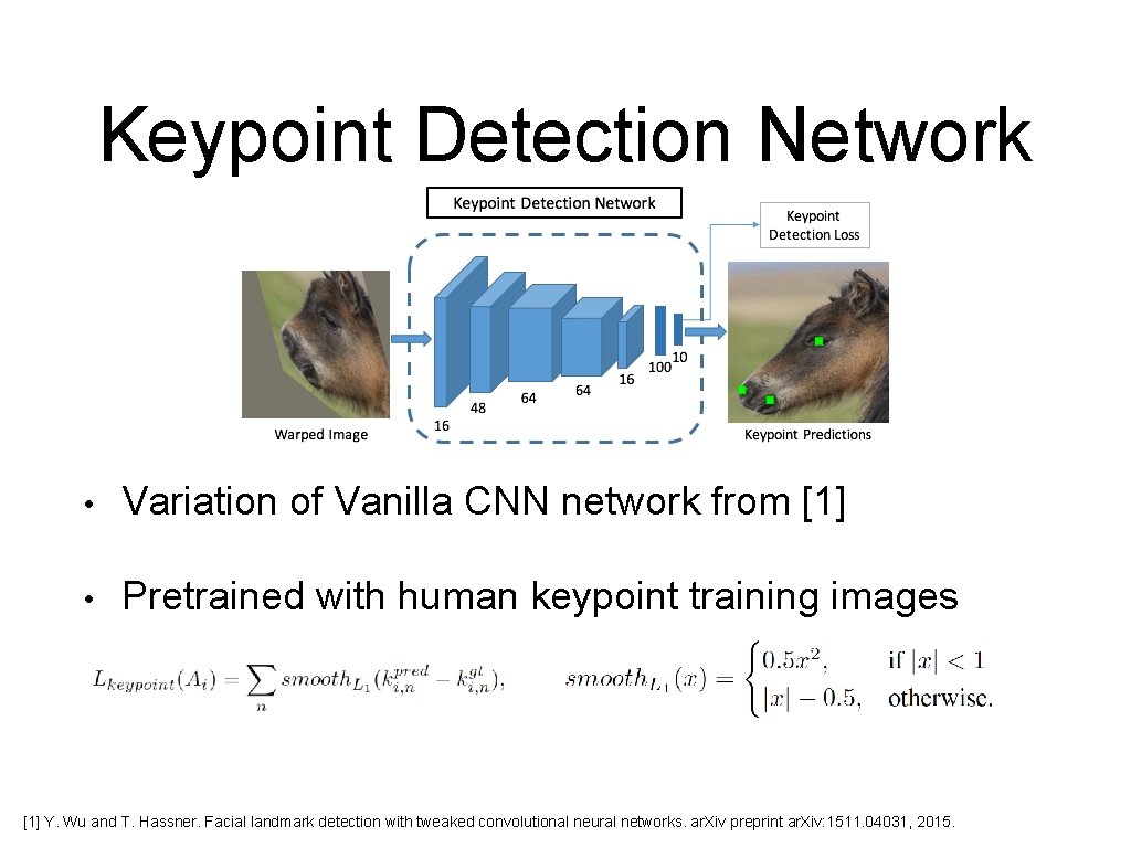 Keypoint Detection Network • Variation of Vanilla CNN network from [1] • Pretrained with