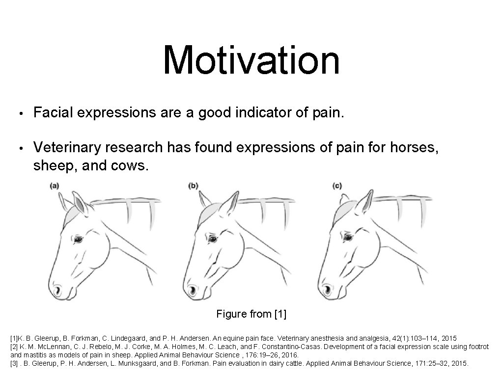 Motivation • Facial expressions are a good indicator of pain. • Veterinary research has