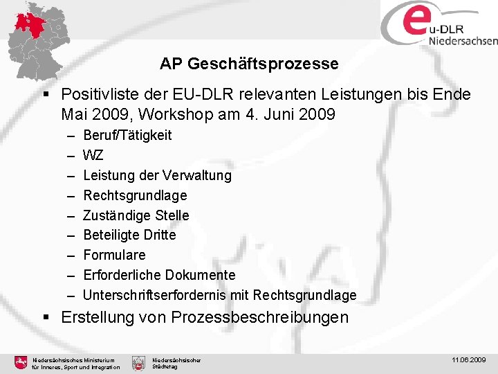 AP Geschäftsprozesse § Positivliste der EU-DLR relevanten Leistungen bis Ende Mai 2009, Workshop am