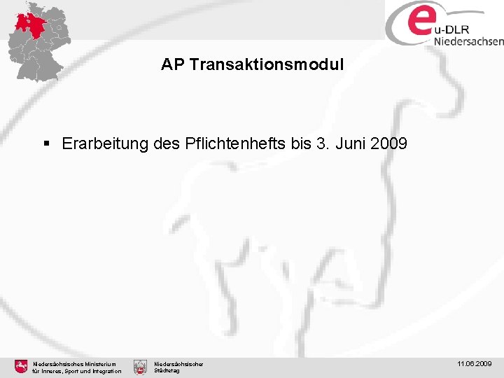 AP Transaktionsmodul § Erarbeitung des Pflichtenhefts bis 3. Juni 2009 Niedersächsisches Ministerium für Inneres,