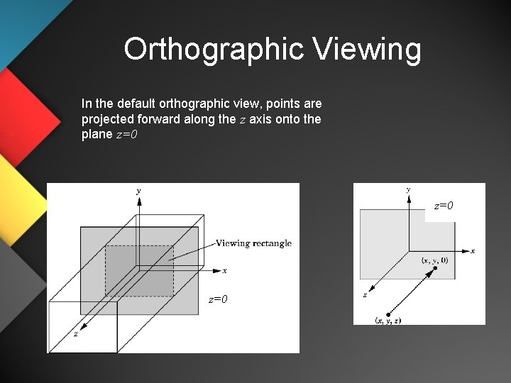 Orthographic Viewing In the default orthographic view, points are projected forward along the z