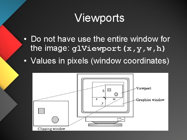 Viewports • Do not have use the entire window for the image: gl. Viewport(x,