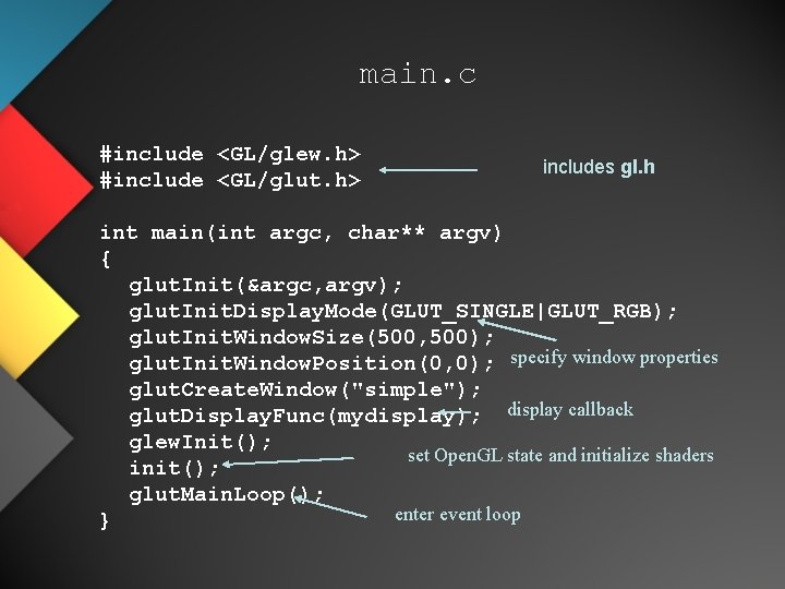 main. c #include <GL/glew. h> #include <GL/glut. h> includes gl. h int main(int argc,