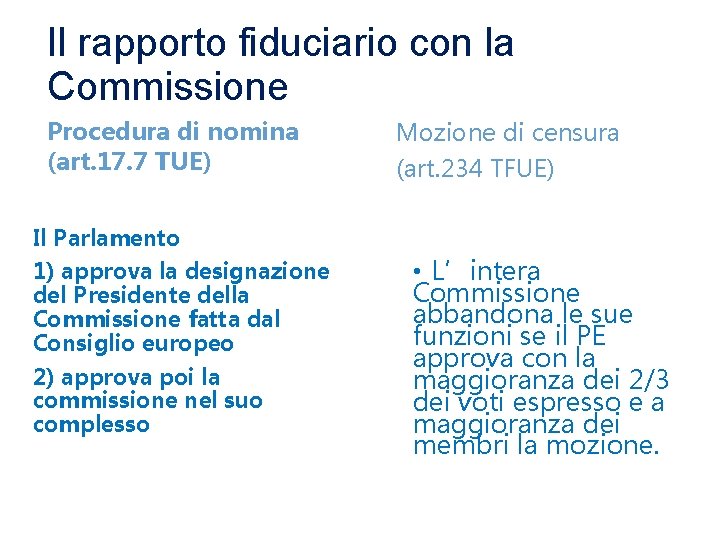 Il rapporto fiduciario con la Commissione Procedura di nomina (art. 17. 7 TUE) Mozione