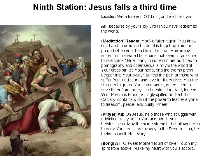 Ninth Station: Jesus falls a third time Leader: We adore you O Christ, and