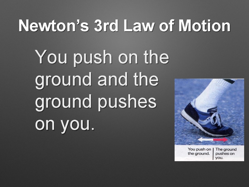 Newton’s 3 rd Law of Motion You push on the ground and the ground