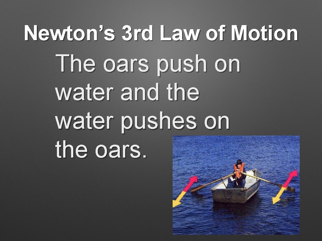 Newton’s 3 rd Law of Motion The oars push on water and the water