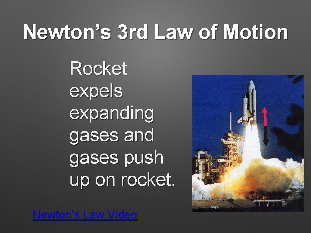  • Newton’s 3 rd Law of Motion Rocket expels expanding gases and gases