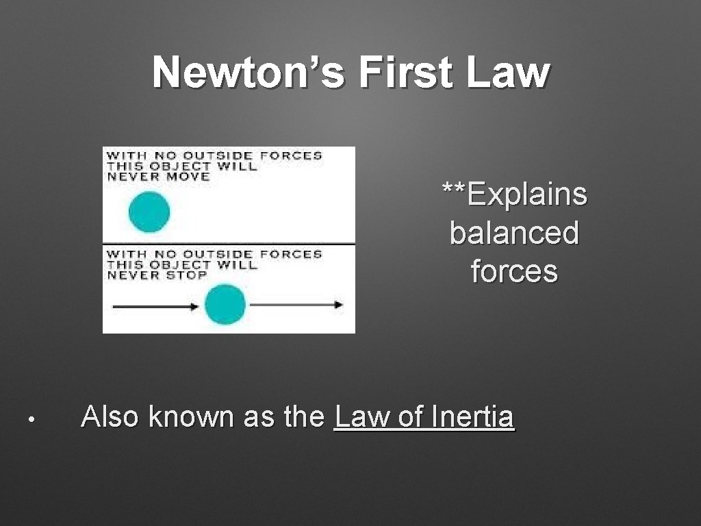 Newton’s First Law **Explains balanced forces • Also known as the Law of Inertia