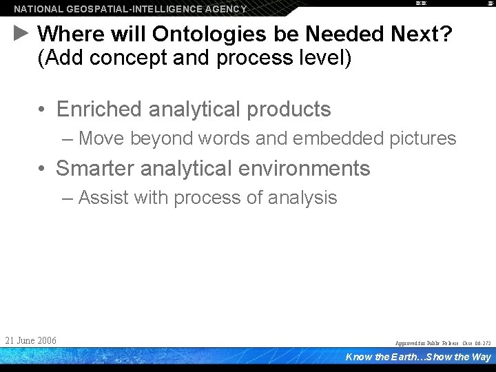 NATIONAL GEOSPATIAL-INTELLIGENCE AGENCY Where will Ontologies be Needed Next? (Add concept and process level)
