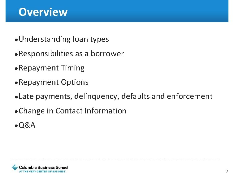 Overview ● Understanding loan types ● Responsibilities as a borrower ● Repayment Timing ●