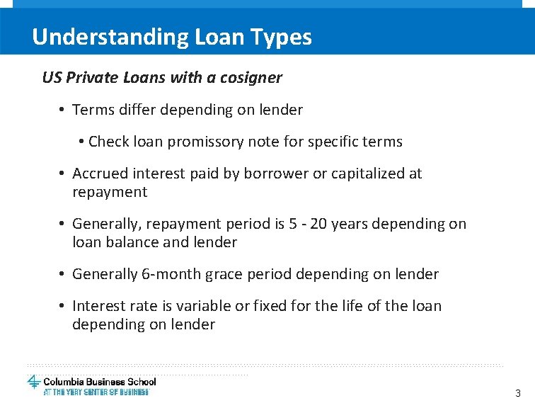 Understanding Loan Types US Private Loans with a cosigner • Terms differ depending on