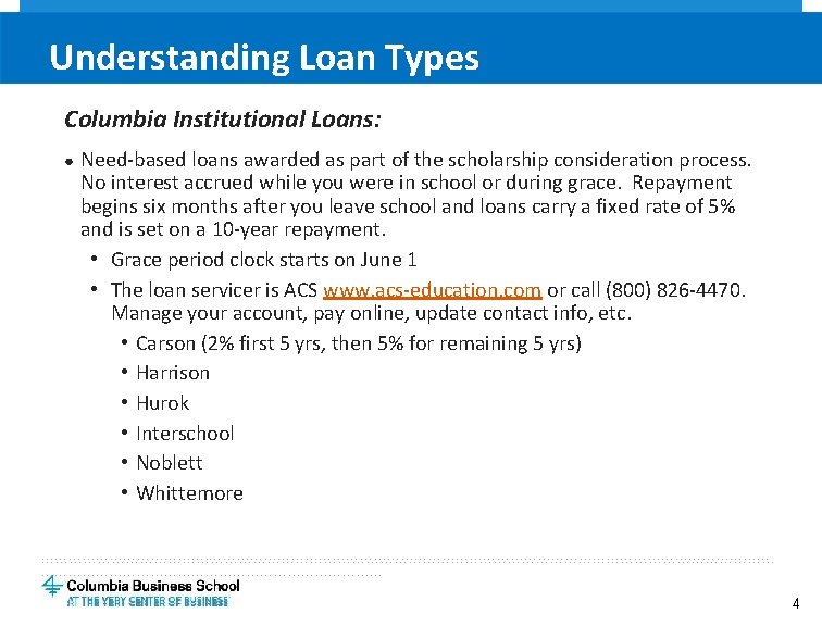 Understanding Loan Types Columbia Institutional Loans: ● Need-based loans awarded as part of the