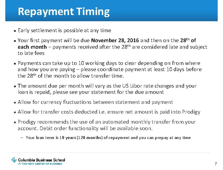 Repayment Timing ● Early settlement is possible at any time ● Your first payment