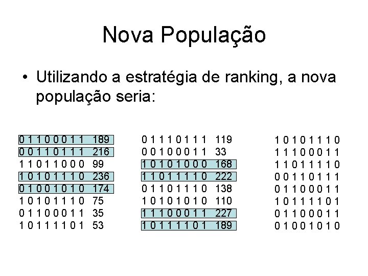 Nova População • Utilizando a estratégia de ranking, a nova população seria: 011000110111 11011000