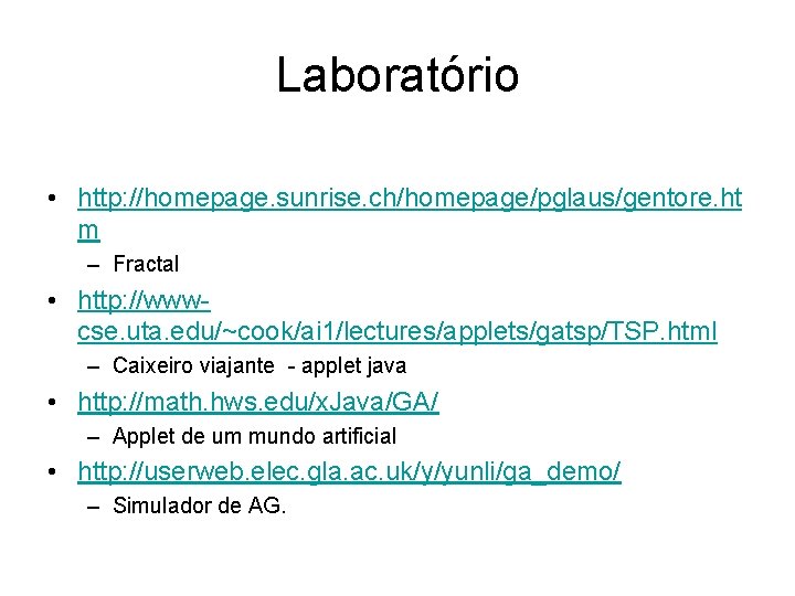 Laboratório • http: //homepage. sunrise. ch/homepage/pglaus/gentore. ht m – Fractal • http: //wwwcse. uta.