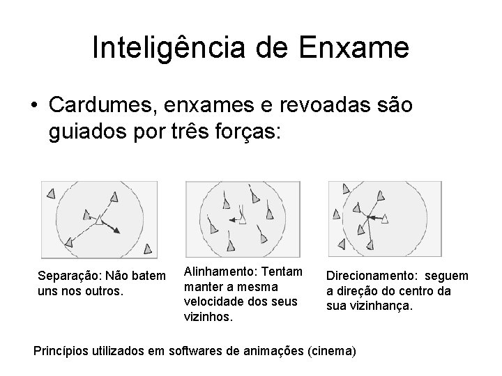 Inteligência de Enxame • Cardumes, enxames e revoadas são guiados por três forças: Separação: