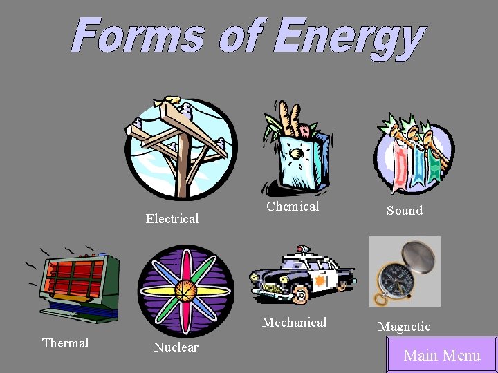 Electrical Thermal Nuclear Chemical Sound Mechanical Magnetic Main Menu 