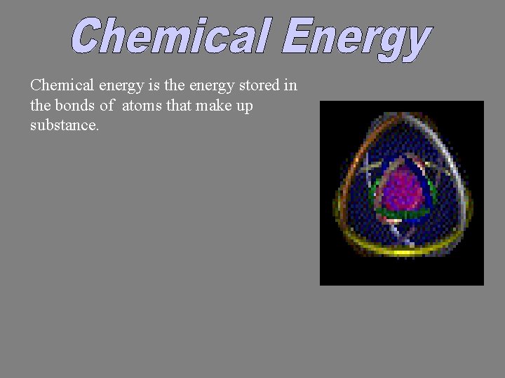 Chemical energy is the energy stored in the bonds of atoms that make up