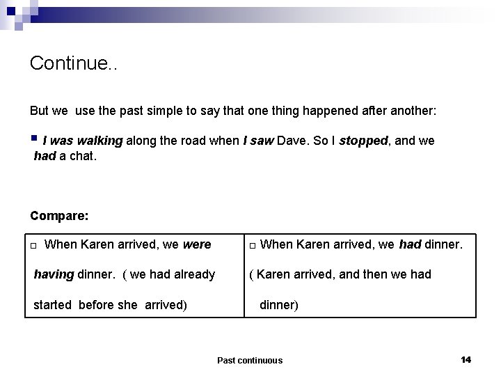 Continue. . But we use the past simple to say that one thing happened