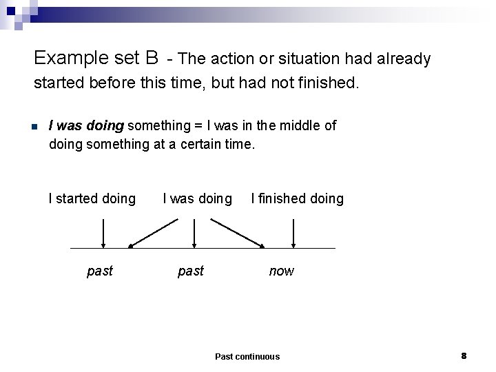 Example set B - The action or situation had already started before this time,