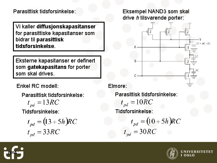 Parasittisk tidsforsinkelse: Eksempel NAND 3 som skal drive h tilsvarende porter: Vi kaller diffusjonskapasitanser