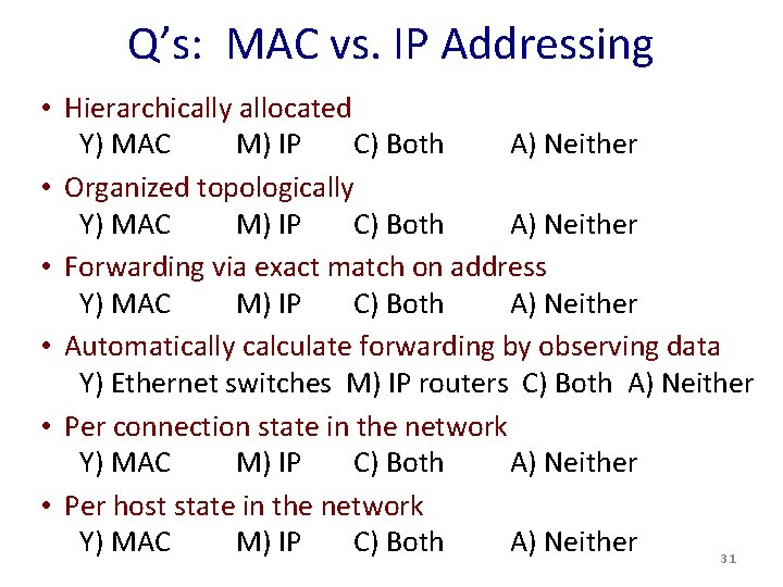 Q’s: MAC vs. IP Addressing • Hierarchically allocated Y) MAC M) IP C) Both