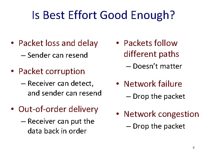 Is Best Effort Good Enough? • Packet loss and delay – Sender can resend