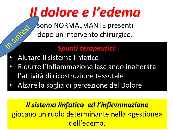 Il dolore e l’edema In is sono NORMALMANTE presenti e dopo un intervento chirurgico.