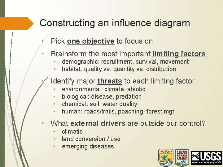 Constructing an influence diagram • Pick one objective to focus on • Brainstorm the