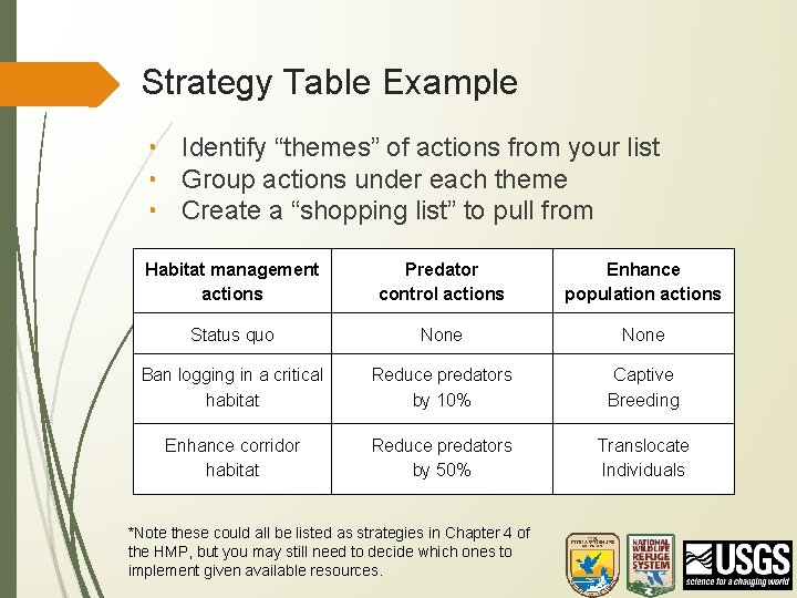 Strategy Table Example • Identify “themes” of actions from your list • Group actions